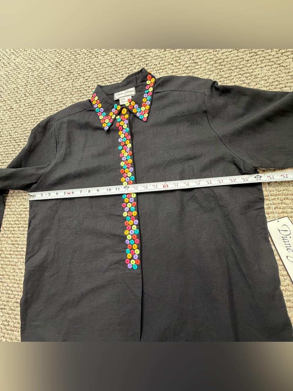 VTG Diane Gilman Black Linen Blend Blouse Top Sz XL Multicolor Button Accent NWT - Picture 9 of 15